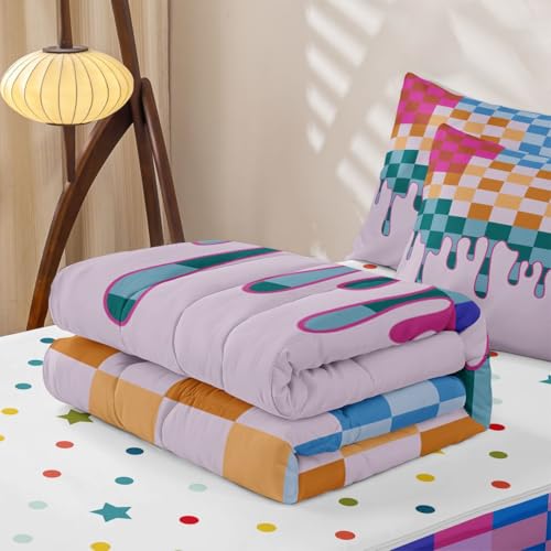 Image of Purple Blue Checkered Zipper Bedding Full - 4 Piece Zip Up Comforter Set with Fitted Sheet & Pillowcases,Durable Bed-in-a-Bag Set Bedding for Kids,Checkerboard Drip Cool Aesthetic Funky Geometric