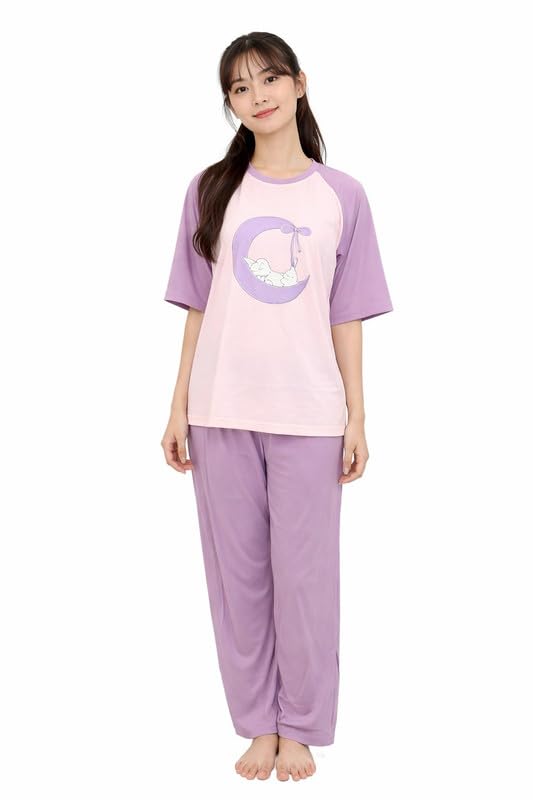 Image of Women's Pajama Set, Soft Breathable Korean Style Nightsuit with Top & Full Pants, Lightweight Loose Fit Nightwear & Loungewear for Girls & Women.