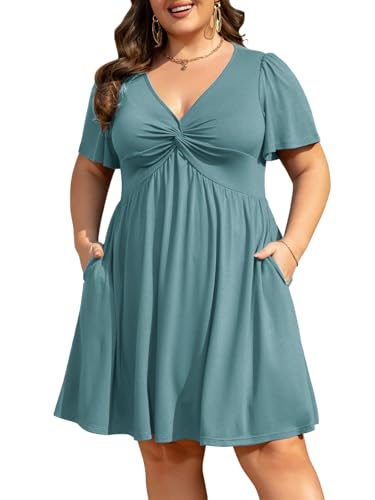Image of Manllenshie Womens Plus Size Summer Dress Casual Short Sleeves Deep V Neck Twist Knot Front Flowy Dress with Pockets