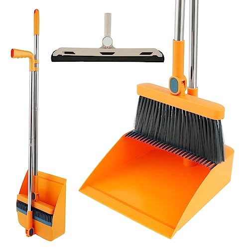 3PCS Broom and Dustpan Set Floor Sweeping Set with Long Handle 180°Rotating Floor Broom Squeegee Dustpan Set with Comb Teeth for Kitchen Office Home Floor (Orange)