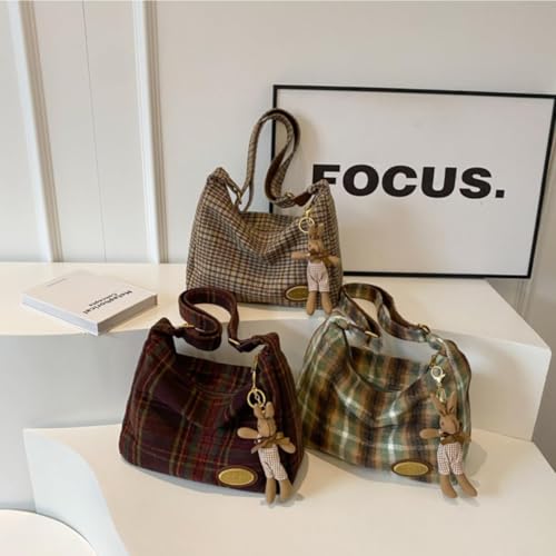 Image of Plaid Purses for Women - Wool Handbag with Pendant, Hobo Shoulder Bag and Tartan Fabric Clutch (Green)