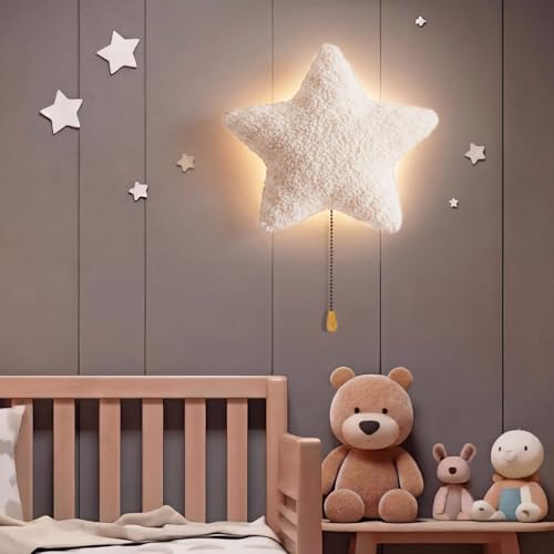 Image of Aurelema Fluffy Star Night Light Wall Lamp Sleeping Nursery Lighting Cute Floating Battery Operated Hanging Lamp for Baby Boys Girls Bedroom Room Nursery Wall Decorations
