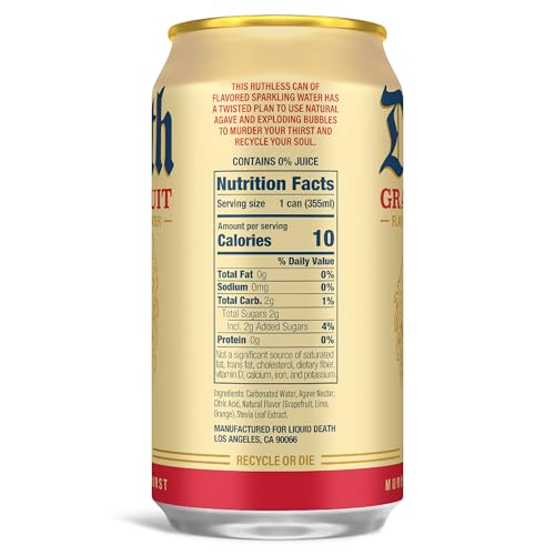 Image of Liquid Death Soda-Flavored Sparkling Water - Grave Fruit (Grapefruit Flavor), Less Sugar*, Huge Flavor, No Caffeine, No Artificial Sweeteners, 12 Fl Oz (Pack of 12)