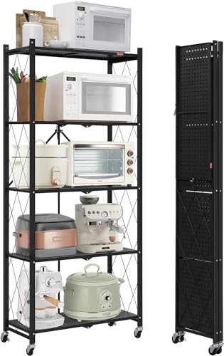 DEANIC 5 Ablagen Klappregal Schwerlastregal, Küchenregal mit Rollen,71 x 34 x 163 cm Metallregal Lagerregal Standregal Kellerregal (Schwarz)