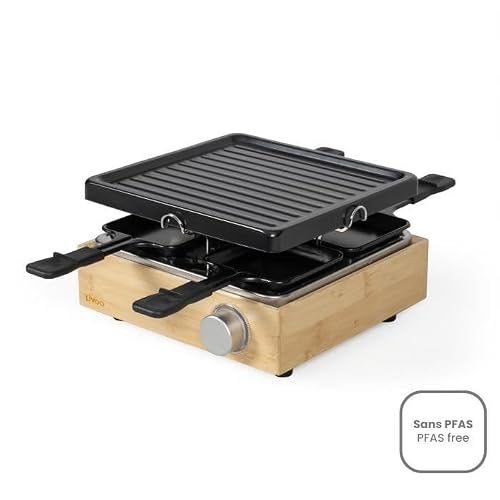 Livoo – Appareil à raclette 4 Personnes DOC311 – 800W, Bambou, Grill Amovible, antiadhésif, Cuisson 23x22,5 cm