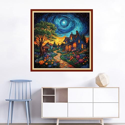 Image of Joyhoor Cross Stitch Kits for Beginners Stamped Cross-Stitch Supplies Needlework preprint Embroidery Kits for Adults DIY Needlepoint Kits Embroidery Patterns 11CT-Starry Night Home 18x18 inchs