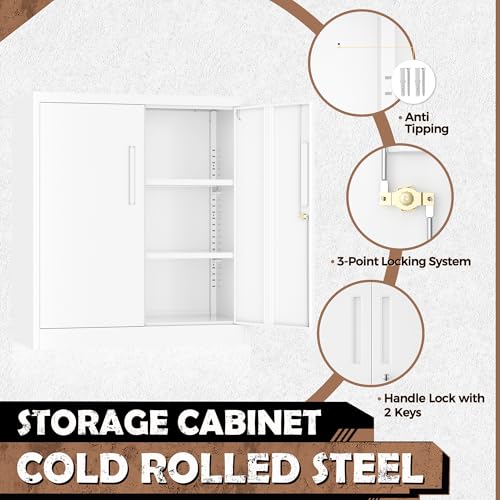 Image of INTERGREAT Metal Garage Storage Cabinet, 36 inch Locking Counter Cabinet with 2 Locking Doors and 2 Adjustable Shelves, Small Steel Cabinet for for Home Office, Gym, School(White)