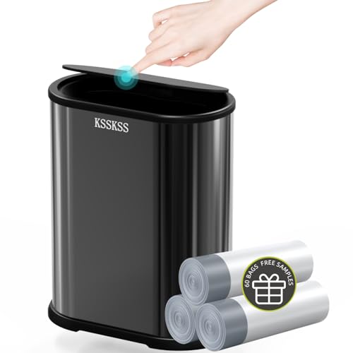 Image of KSSKSS 1.8 Gallons Small Stainless Steel Trash Can with Press Type Lid, Slim Bathroom Garbage Bin, Removable Liner Bucket, Narrow Wastebasket with Pop-Up Lid for Bedroom,Toilet (Titanium Black)