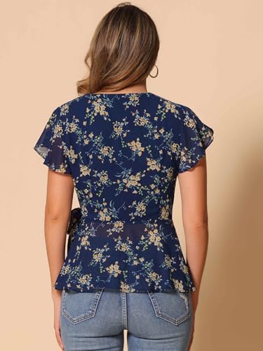 Allegra K Wrap Tops for Women's Floral Printed V Neck Slit Sleeve Tie Waist Peplum Blouse3