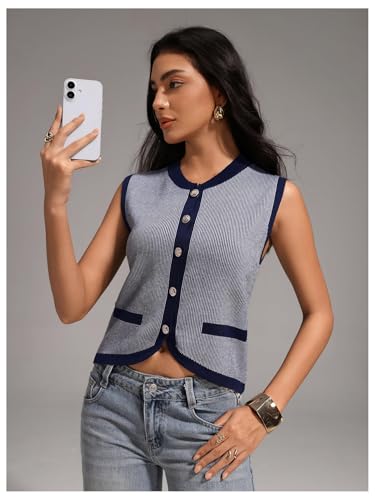 Image of GORGLITTER Women's Striped Button Up Cropped Sweater Vest Sleeveless Knit Vest Tops 2025 Trendy Outfits