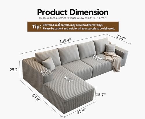 Image of 135.4 inch Cloud Modular Sectional Sofa Couch with L-Shape Chaise,Modern Minimalist Upholstered Couches for Living Room Bedroom,Deep Seat Corner Couch,No Assembly Required (Grey,Left Facing Chaise)