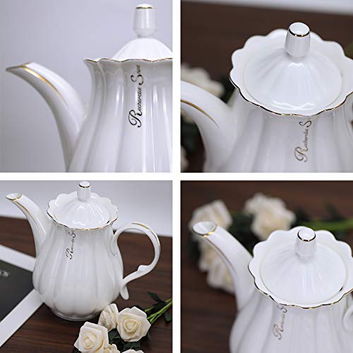ufengke 51oz Blanco Cafetera de Cerámica,Volantes con Lado Dorado Tetera de Porcelana,Gran Capacidad Cafetera de Forma… - Imagen 3