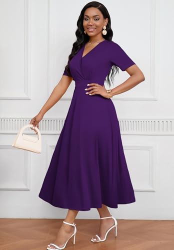 Image of MarryUP Women's Midi Dresses - V Neck Cocktail & Church Tea Dresses - Short Sleeve A-Line Swing Dress