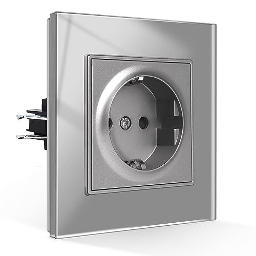 CNBINGO Enchufe Schuko empotrable con garras, enchufe individual de placa de vidrio templado, enchufe de pared de contacto de seguridad gris, 1 compartimento, 16A, 250V