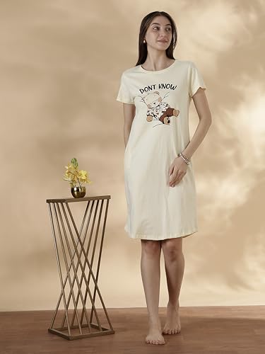 Image of 9shines Label Hosiery Cotton Knee Length Short Night Dress | Short Nighty for Women with Pocket | Graphic Print Nightwear | Night Gown for Women (M-7XL)