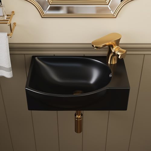 DeerValley Waschbecken 40 x 28cm Mini Wandwaschbecken Keramik Handwaschbecken mit mehr Nutzfläche für Badezimmer Wohnmobil und alle kleinen Räume Schwarz Armaturloch Rechts