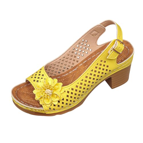 Generisch Chaussures décontractées confortables pour femme - Bout ouvert - Talon compensé - Fleur creuse, jaune, 43 EU