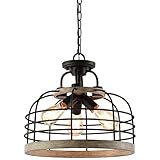 Kira Home Sawyer 16.5' 3-Light Industrial Farmhouse Semi Flush Convertible Pendant Chandelier Light with Cage Shade, Rustic Light Cedar Wood Style + Coarse Black Finish