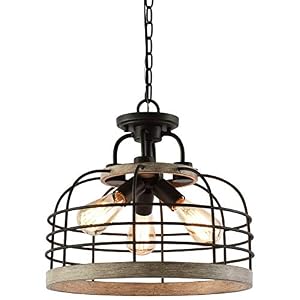 Kira Home Sawyer 17 3 Light Industrial Farmhouse Semi Flush Convertible Pendant Chandelier Light with Cage Shade Rustic Light Cedar Wood Style Coarse Black Finish