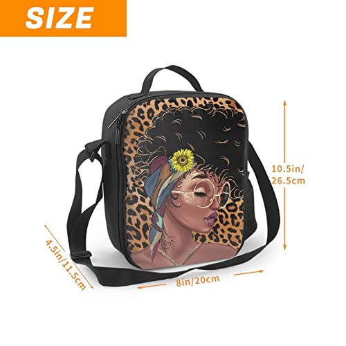 Pauseboll African American Black Girl Lunch Bag Insulated, Sunflower Leopard Print Lunch Bags For Boys Girls Teens Adult Reusable Canvas Lunch Box With Shoulder Strap And Side Pocket #TOP1
