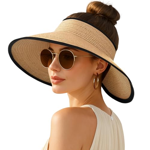 Image of Summer Straw Beach Sun Visor Ponytail Hats for Women Foldable Floppy