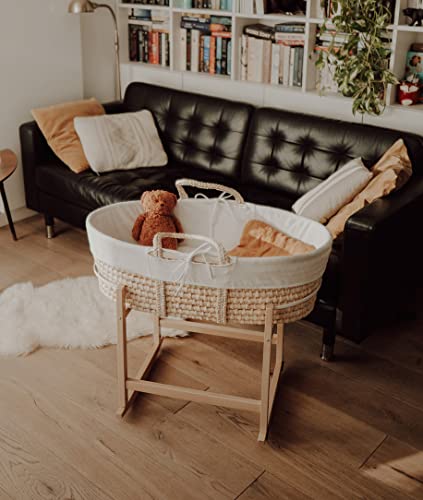 ahoj baby Babykörbe Moses-Babywiege mit Moseskorb Ständer und dreilagiger Matratze,- Babykörbe-Stubenwagen Klappständer-handgefertigter Baby-Schlafkorb-Moses Baskets (Natural), 72x33, RXZ Cover