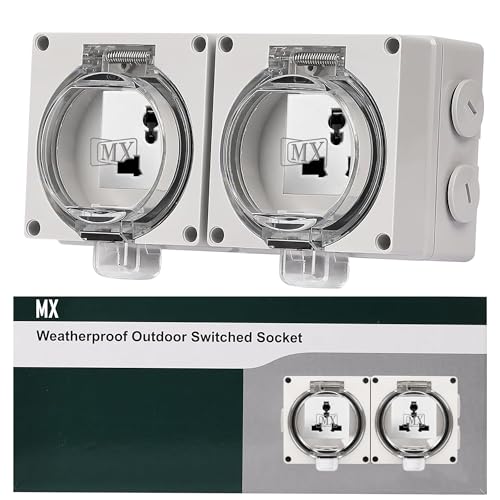 Image of MX IP66 Waterproof Outdoor Socket Box | 250V 13A 2 Universal Socket | Dustproof Weatherproof 4 Module Modular Wall Box with Spring Opening Cover | ABS Flame Retardant Shell for Garden, Patio & Outdoor