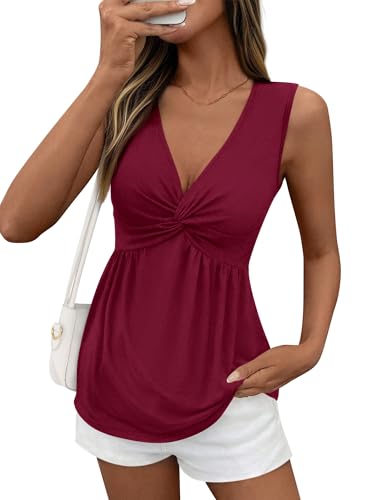 BTFBM Babydoll Tops for Women 2026 Trendy Spring Summer Outfits Twist Front V Neck Peplum Flowy Tank Tops Dressy Casual(Wine Red, X-Large)