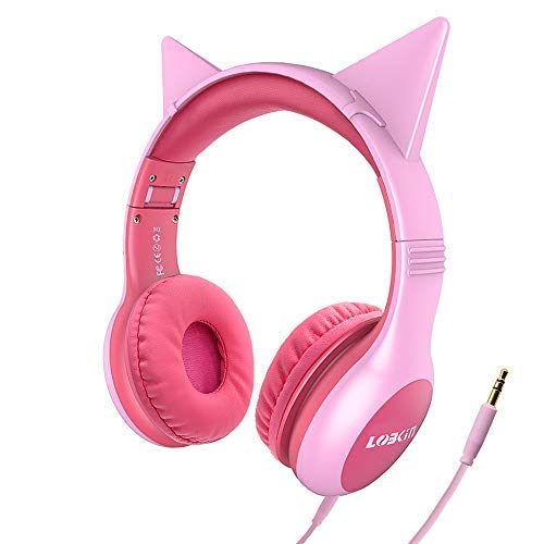 Kids Headphones, LOBKIN Wired Headphones for Kids, Cat Ear LED Light Up Adjustable Headband, Stereo Sound Headsets Childrens Headphones on Ear (Pink)