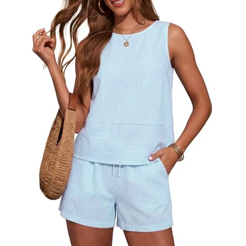 LOMON Women's Trendy 2 Piece Outfits Shorts Sets Summer Crew Neck Sleeveless Tank Top and Bottom Matching with Pockets 2026