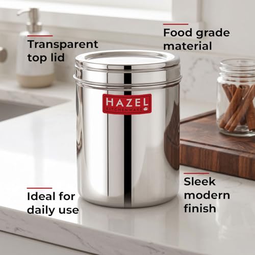 Image of HAZEL Stainless Steel Kitchen Container with Transparent Lid | Top See Through Kitchen Container Set with Matt Finish | Multipurpose Container for Kitchen Storage, 1500 ML, Set of 6