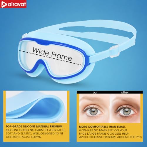 Image of AIRAVAT Macho swimming goggles for Kids Children Teens, polycarbonate goggles, Anti-Fog, Anti-UV, Wide View Swimming Goggles, Free size (Blue)