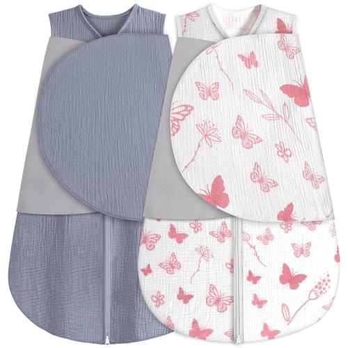 BSTOPPT Newborn Sleep Sack Baby Swaddle 100% Muslin Cotton 3-Way Adjustable Wearable Blanket Swaddling Sleeping Bag (2 Gray & Pink Butterfly 3-6 Months)