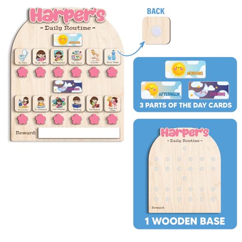 Image of Personalized Wooden Chore Chart for Kids, Daily Routine Chart for Toddlers, Visual Schedule for Kids Age 3-5, Morning Bedtime Routine for Girls (02 1)