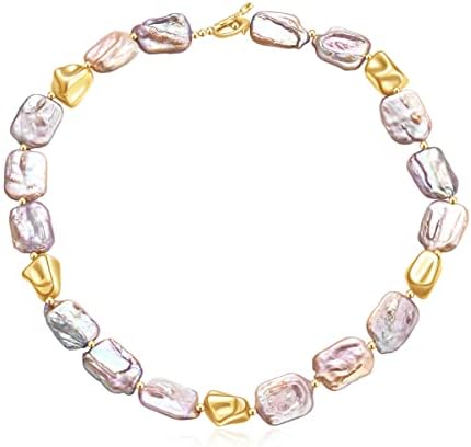 Multicolor Freshwater Cultured Pearl Strand Necklaces18K Gold Plated OT Clasp Princess Length Necklace Baroque Keshi Golden Pearl Necklace（Baroque pearl necklace）