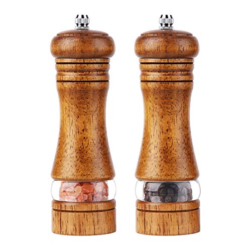 Salz und Pfeffermühlen Holz 2 Stück verstellbarer Keramik-Mahlkern und transparentem Salzmühle Küchenzubehör Höhe: 16.5cm Retro Perfekter Halt Cover