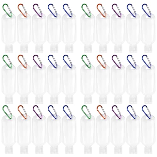 30 Portable Empty Plastic Bottles with Lids and Hooks 50 ml PVC Travel Size Refillable Containers for Hand Sanitizer Lotion Shampoo