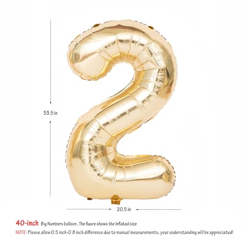 Image of 40 Inch Light Gold 2 Number Balloons Large Champagne Gold Number | White Gold Giant 2 Foil Mylar Helium Digital Balloon for 2th or 2st Anniversary Party Decorations Supplies