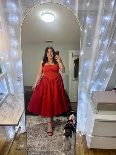 Image of Women Summer Halter Dress Low Cut Sleeveless A Line Tulle Swing Flowy Tea Length Dress Corset Prom Formal Ball Gowns