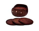 SouvNear Drink Coasters - Handmade Retro Wood Coaster Set with 6 Round Table Coasters and Decorative Wooden Holder - Table Top Accessories & Housewarming Gifts