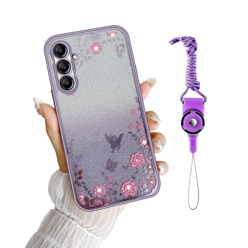 Image of for Samsung A14 5g Case, Galaxy A14 5g Case for Women Gradual Change Glitter Crystal Soft Butterfly Floral Heart Clear Protective Cover with Strap for Samsung Galaxy a14 5g (Purple)