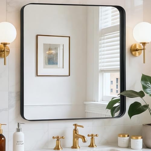 Rosynee 30x30 Inch Bathroom Mirrors for Over Sink - Black Metal Framed Square Mirror for Bathroom Black Wall Mounted Vanity Mirrors for Restroom Entryway High-Definition