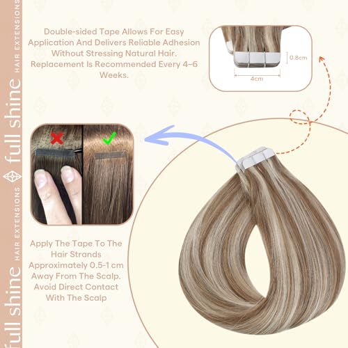 Image of Full Shine Tape Ins Human Hair Extensions, Honey Blonde Mix 18 Inch | 50g 20PCS, Brazilian Human Hair Tape in Extensions, Invisible Seamless Wedding Styling Natural Blend Aesthetic Appeal