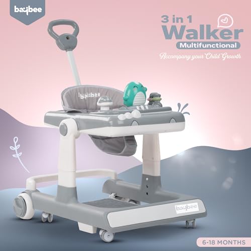 Image of Baybee Baby Walker for Kids with Height Adjustable & Tray, Activity Walker for Baby with Musical Toy Bar (Flix Grey)