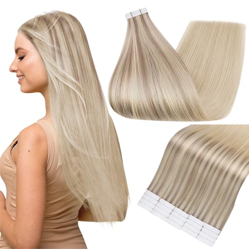 Image of Full Shine Tape Ins Human Hair Extensions, Pearl Blonde Ombre 14 Inch | 50g 20PCS, Double Sided Human Hair Extensions Tape in, Brazilian Style Soft Silky Texture Smooth Casual Styling