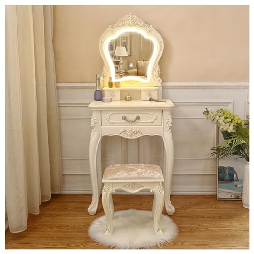 Juego de mesa de maquillaje vintage pequeña con espejo LED de 3 colores, 3 cajones y cómodo banco, elegante tocador blanco (tamaño: 50 x 48 x 140 cm)