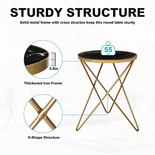image for HLR Modern Round Side Table, End Table with Marble Effect Top and Gold