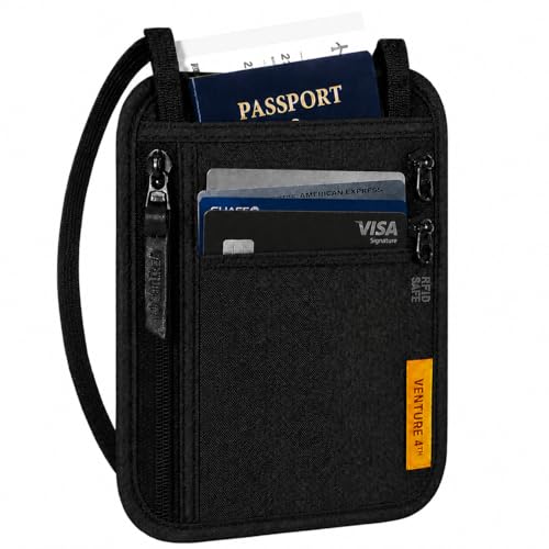 VENTURE 4TH Slim Passport Holder Neck Pouch with RFID Blocking Travel Neck Wallet and Nylon Lining (Black), Ebony, One_Size, Minimalist