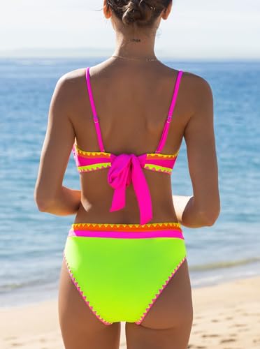 popvil Women's Neon Color Block Bandeau Swimsuits Strapless Bikini Sets Two Piece Bathing Suits2