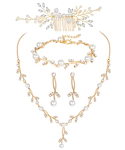 Yadoca Pearl Wedding Bridal Jewelry Set For Women Pearl Rhinestone Crystal Drop Necklace Earring Bracelet Hair Pins Prom Bride Bridesmaid Pearl Jewelry Accessories Silver Gold Rose Gold #TOP27